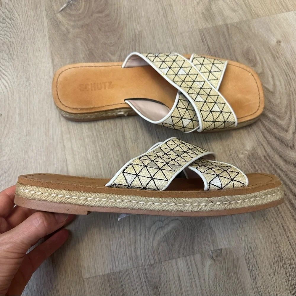 SCHUTZ Beige and Black Geometric Sandals